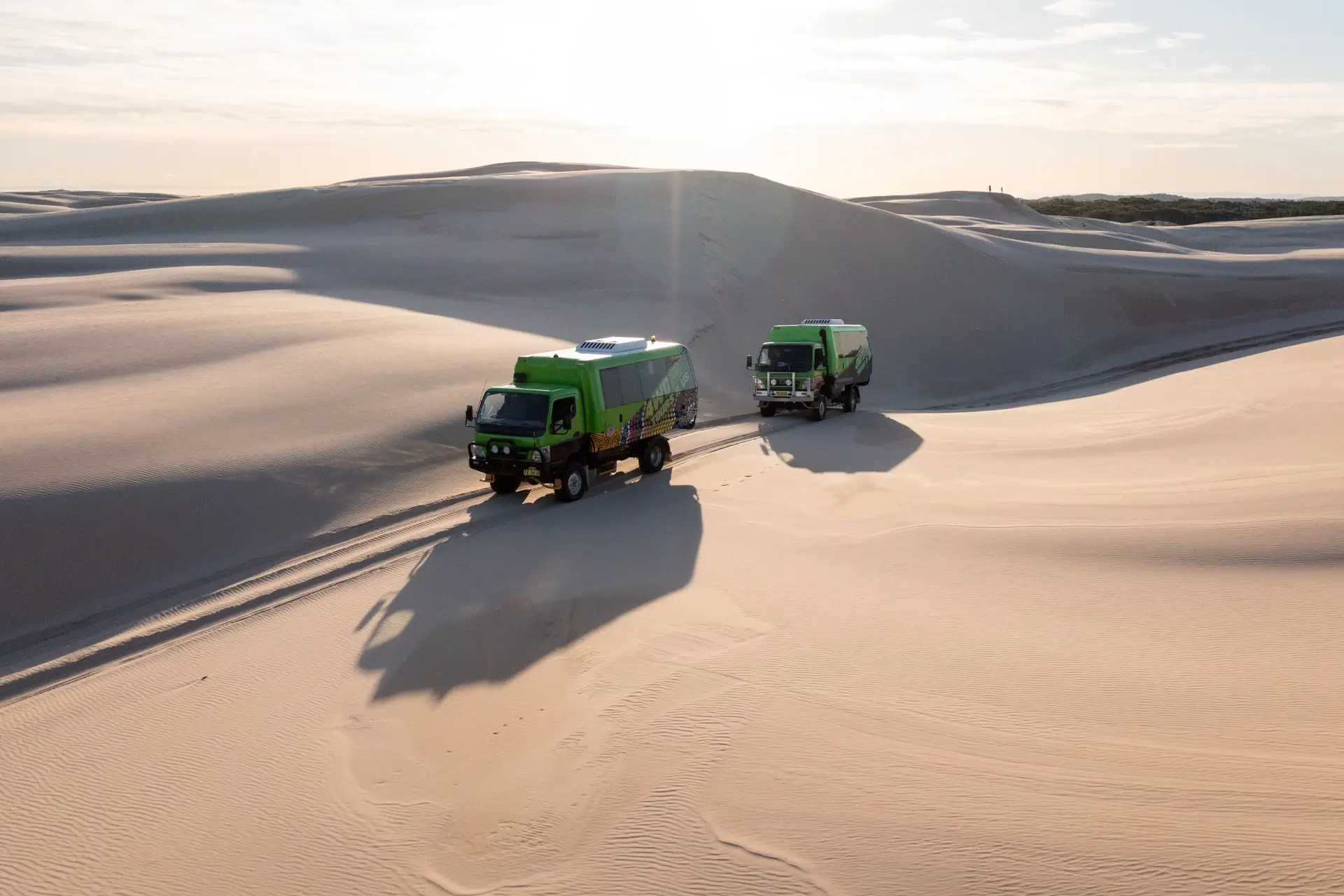 Aerial shot of 4WD R US experience on Stockton Beach, Port Stephens. Credit: Destination NSW